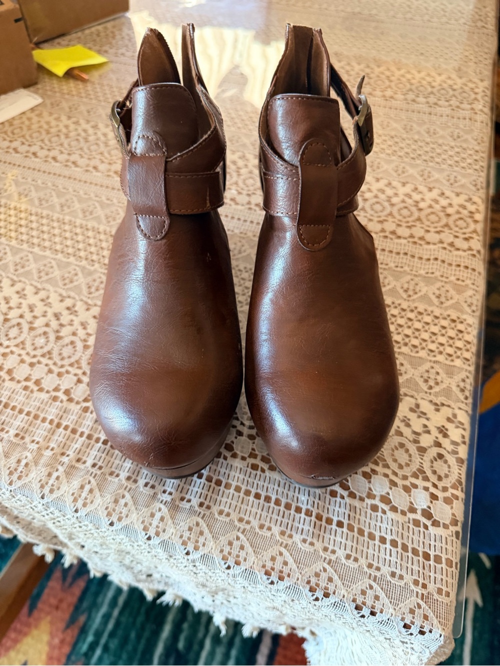Brown Leather Ankle Booties with Buckle Strap